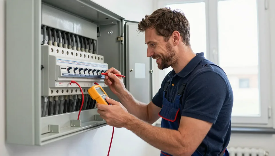 Elektrofachkraft bei der Messung am Sicherungskasten